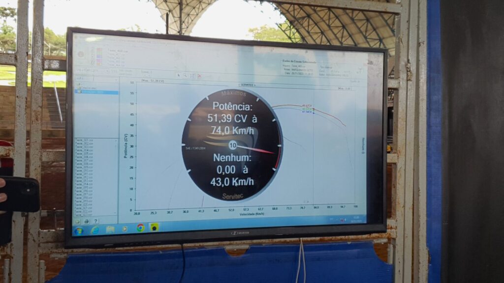 O monitor exibe a potência de 51,39 cv atingida pela moto da Bia Machado, da Alemão Performance. Foto: renyere Trovão
