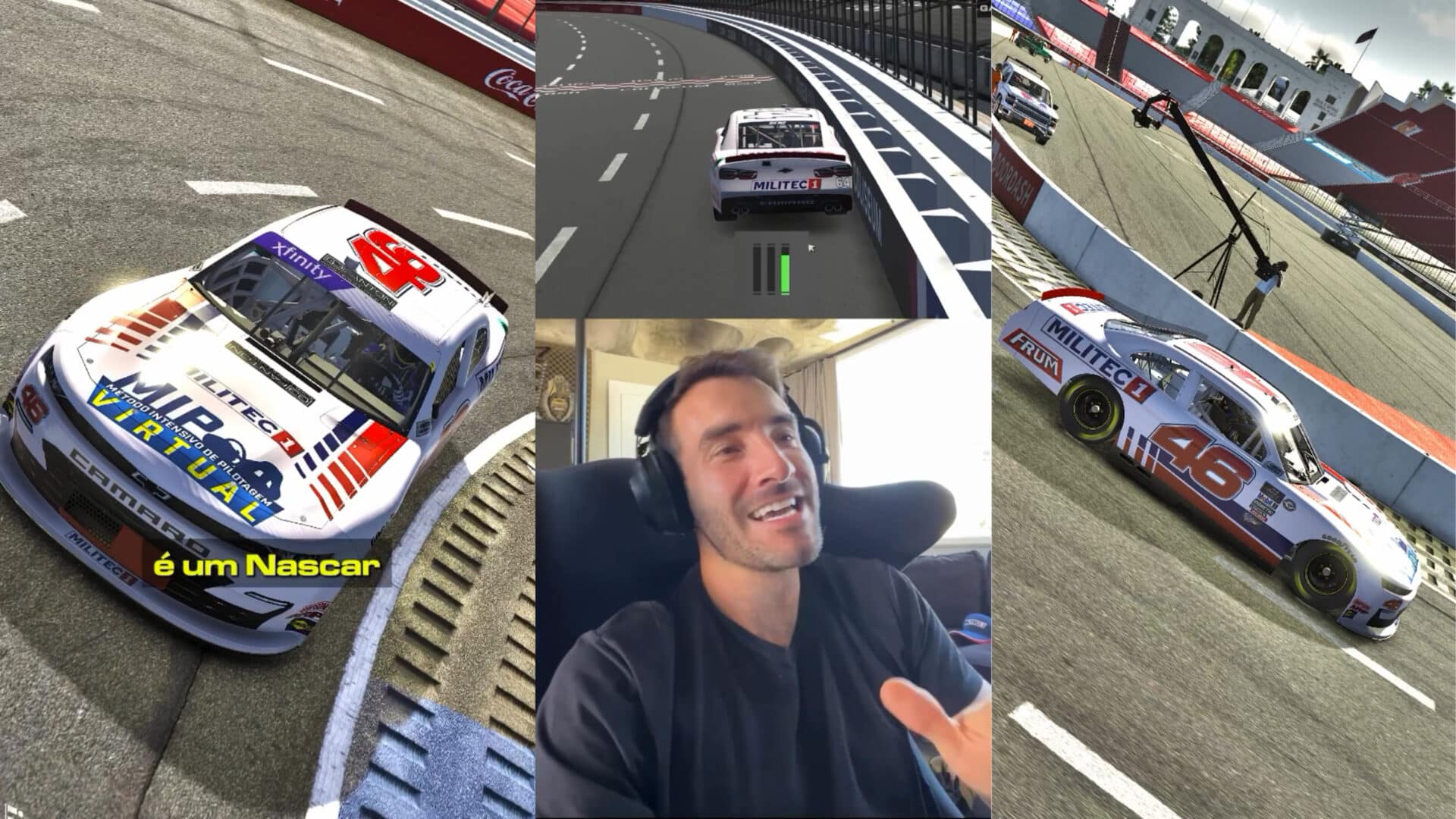 O carro 46 de Vitor Genz da NASCAR Brasil simulando uma corrida na NASCAR americana. Foto: Montagem/ Instagram